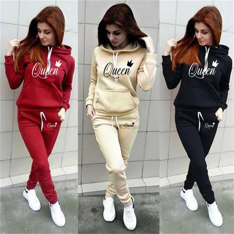 Plus Size Women's Two-piece QUEEN Printed Sportswear Jogging Suit Women's Hooded Sportswear Suit Clothes Hoodie + Sweatpants