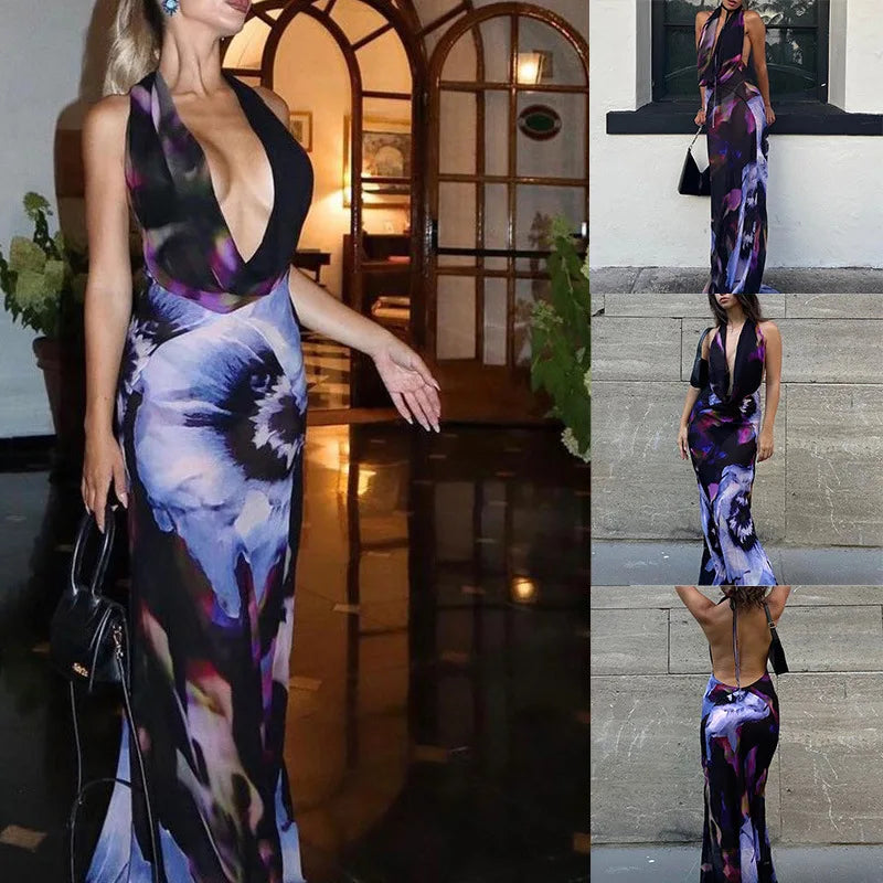 Fashion Sexy Sleeveless V Neck High Waist Halter Party Cocktail Maxi Dress Women Elegant Print Corset Evening Dress