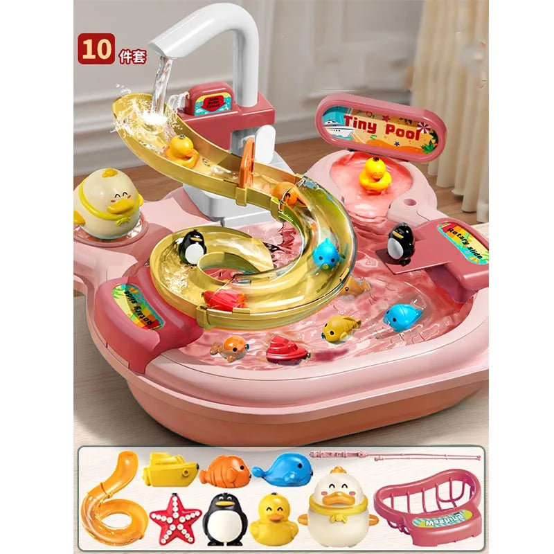 Children's Fishing Toys Electric Pretend Play Toys Dishwashing Basin Toys Gift Kitchen Interactive Toys 2-in-1 Slide Fishing Toy