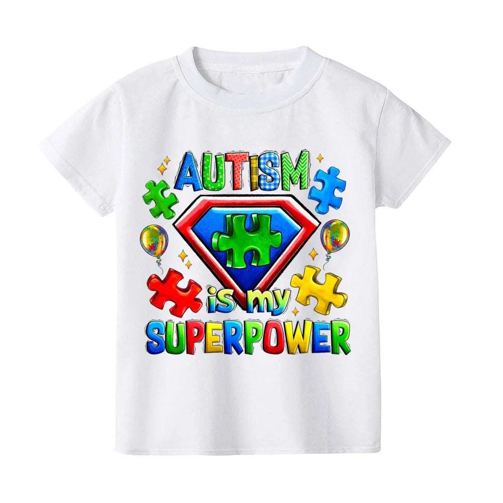 Autism Is My Superpower Kids Tshirt Autism Awareness Youth Shirt Toddler Short Sleeve Clothes Colorful Puzzle Boys Tee