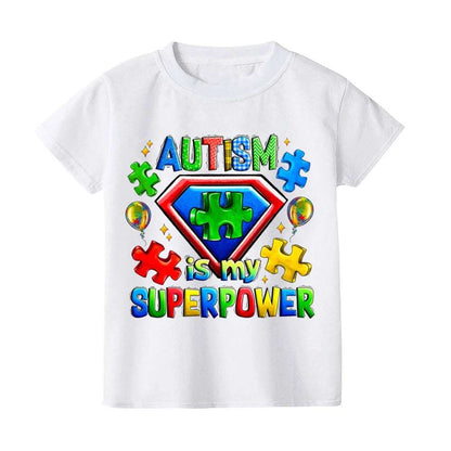 Autism Is My Superpower Kids Tshirt Autism Awareness Youth Shirt Toddler Short Sleeve Clothes Colorful Puzzle Boys Tee