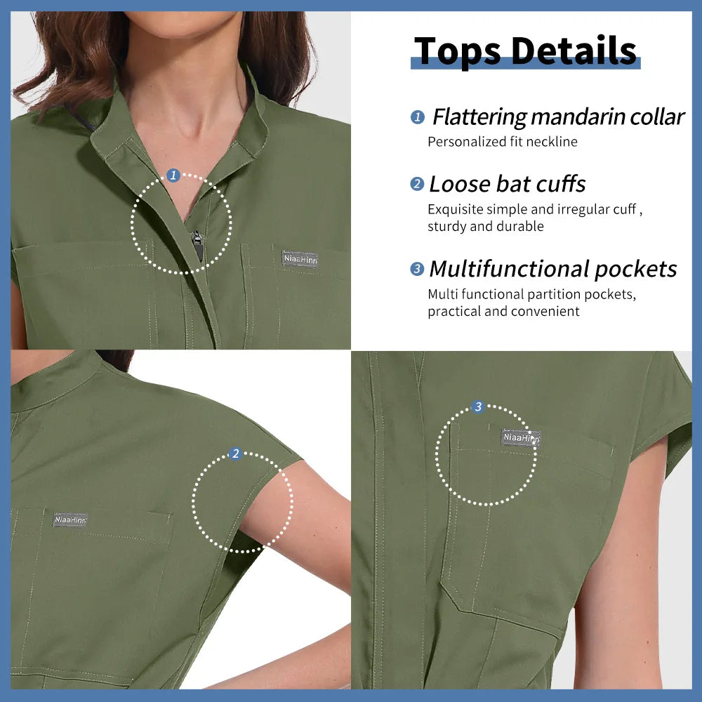 Niaahinn Zipper Neck Lab Jumpsuit Pet Grooming Nurse Uniform Onesie Short Sleeved Scrubs Workwear Health Service Nursing Clothes