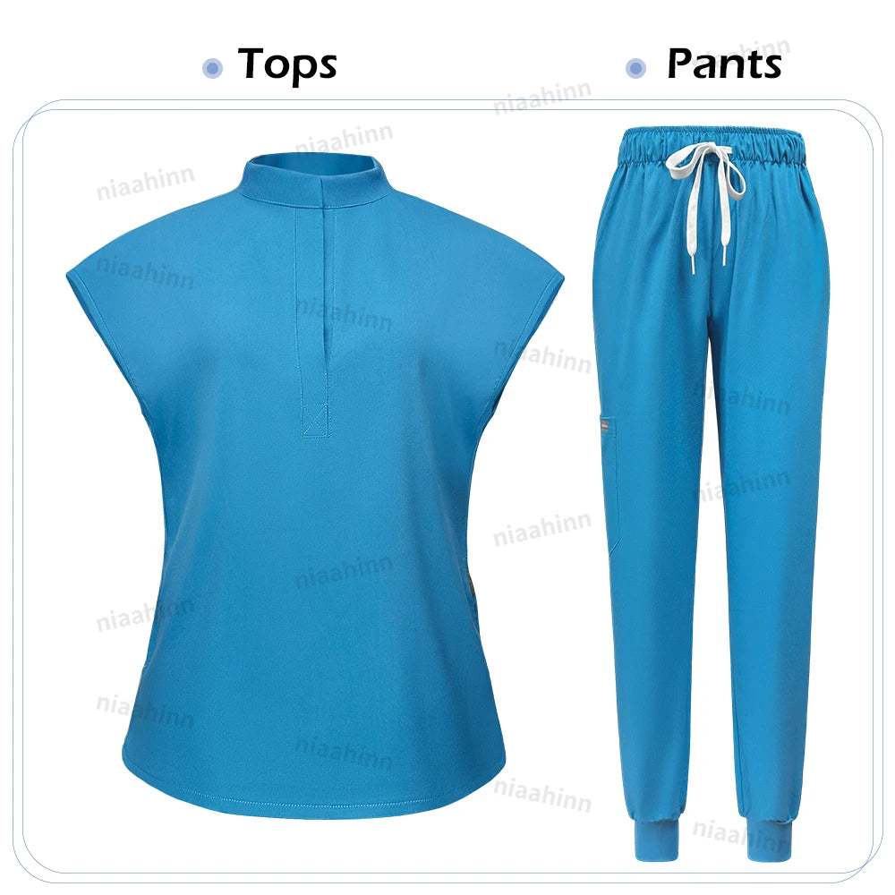 Niaahinn Scrubs Hot Sales Jogger Scrub Sets Women Solid Color Breathable Work Clothes Lab Coat Uniform Hospital Doctor Work Wear
