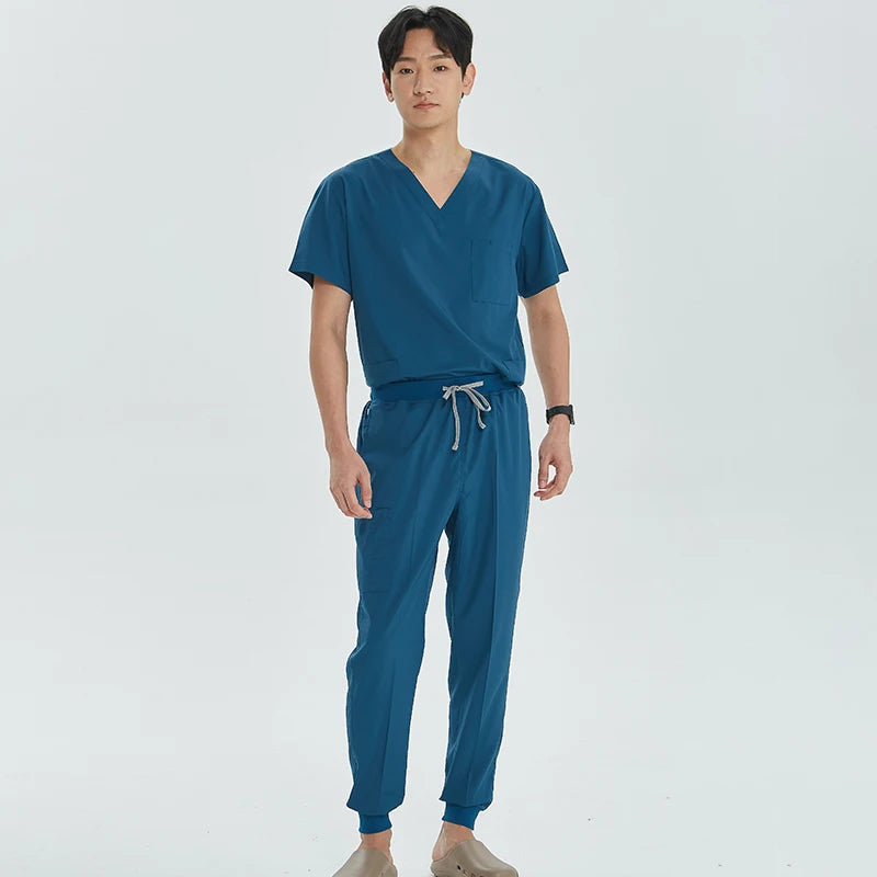 Green Hospital Work Uniforms Short-sleeved Doctor Outfit Clinical Scrub Set for Women Men Nurse V-neck Top Jogger Pant Scrub S21
