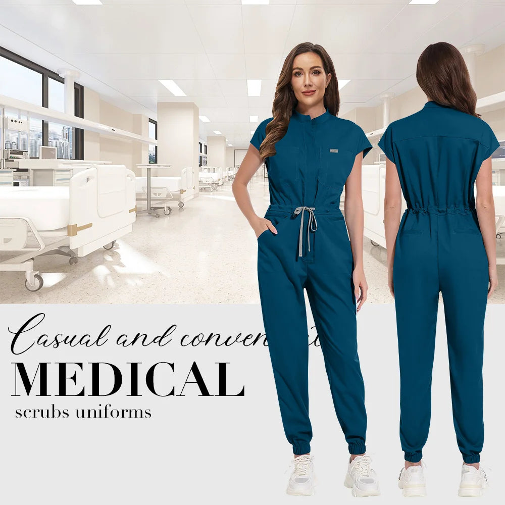 Niaahinn Zipper Neck Lab Jumpsuit Pet Grooming Nurse Uniform Onesie Short Sleeved Scrubs Workwear Health Service Nursing Clothes