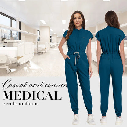 Niaahinn Zipper Neck Lab Jumpsuit Pet Grooming Nurse Uniform Onesie Short Sleeved Scrubs Workwear Health Service Nursing Clothes