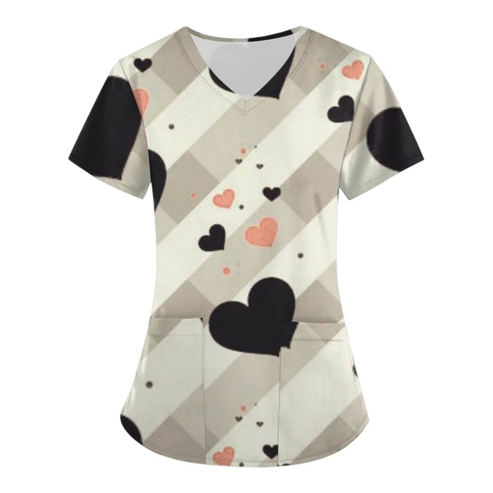 Clinical Uniform Woman V-Neck with Pocket Nurse Uniforms Comfortable Valentine's Day 3D Pattern Printed Women's Medical Uniform