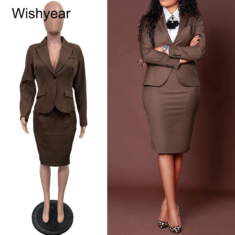 Fashion Office Blazer Suits for Women Notched Long Sleeve jacket and Hip Package Skirt 2 Pieces Sets Female business Work Outfit
