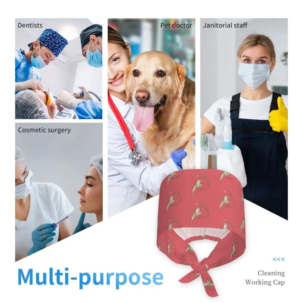 Custom Tinker Bell Breathable Nursing Work Cap Surgical Scrub Caps Unisex Nurse Medical Cap Cartoons Scrubs Hat Medical Surgical