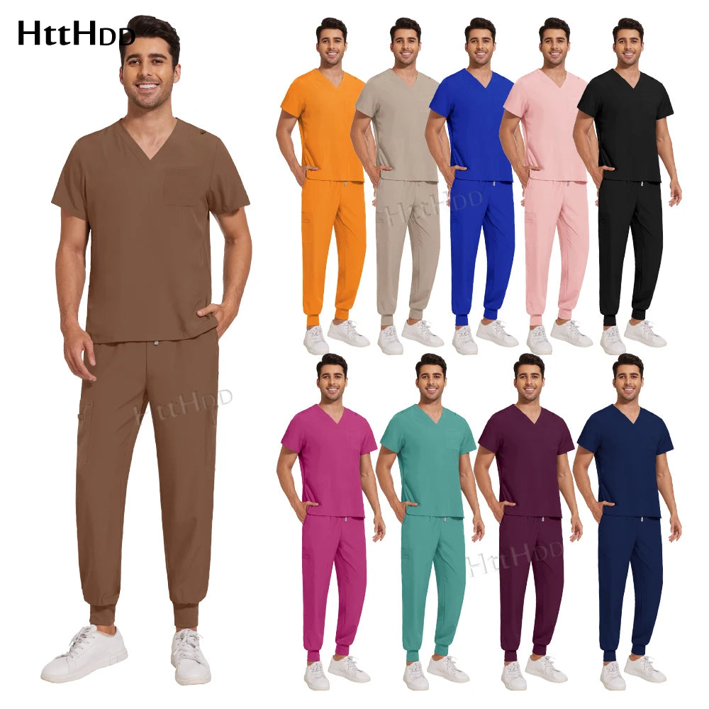 Scrubs Set Men Medical Uniforms Stretch Scrub Tops with Pocket Pants Nurse Uniform Doctor Surgery Overalls Beauty Salon Workwear