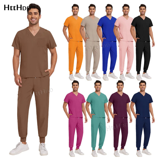 Scrubs Set Men Medical Uniforms Stretch Scrub Tops with Pocket Pants Nurse Uniform Doctor Surgery Overalls Beauty Salon Workwear