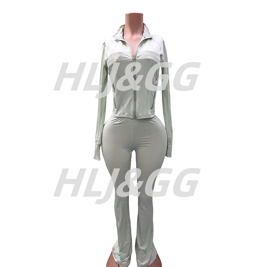 HLJ&GG Casual Solid Sporty Two Piece Sets Women Zipper Long Sleeve Slim Top And Skinny Pants Outfits Spring New 2pcs Tracksuits