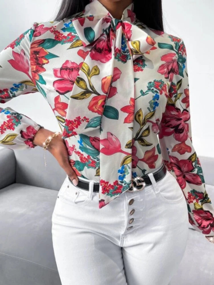 Women's Fashion Work Clothes Floral Print Bow Tie Shirt Fashion Office Dress up Women's Business Casual Clothing