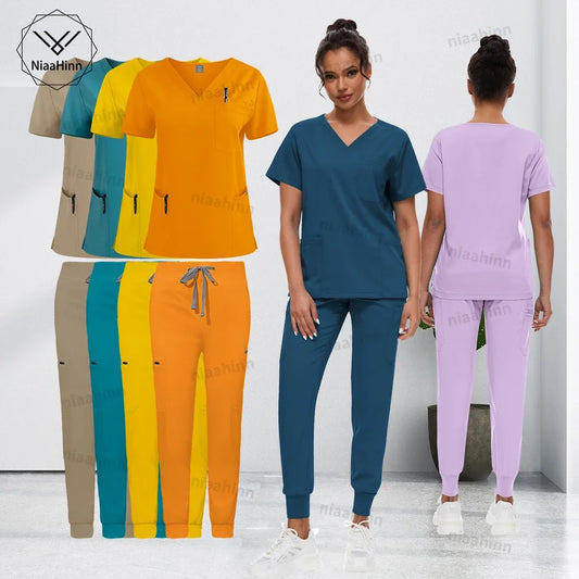 Doctor Nursing Uniforms Multicolour Jogger Suit V-neck Tops Pocket Pants Nurse Scrubs Set New Medical Clinical Clothes Women Men