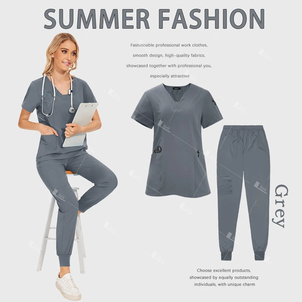 Medical Scrub Set Women Wholesale Hospital Doctor Dentist Work Clothes Surgical Scrub Top Jogging Pants Multicolor Nurse Uniform