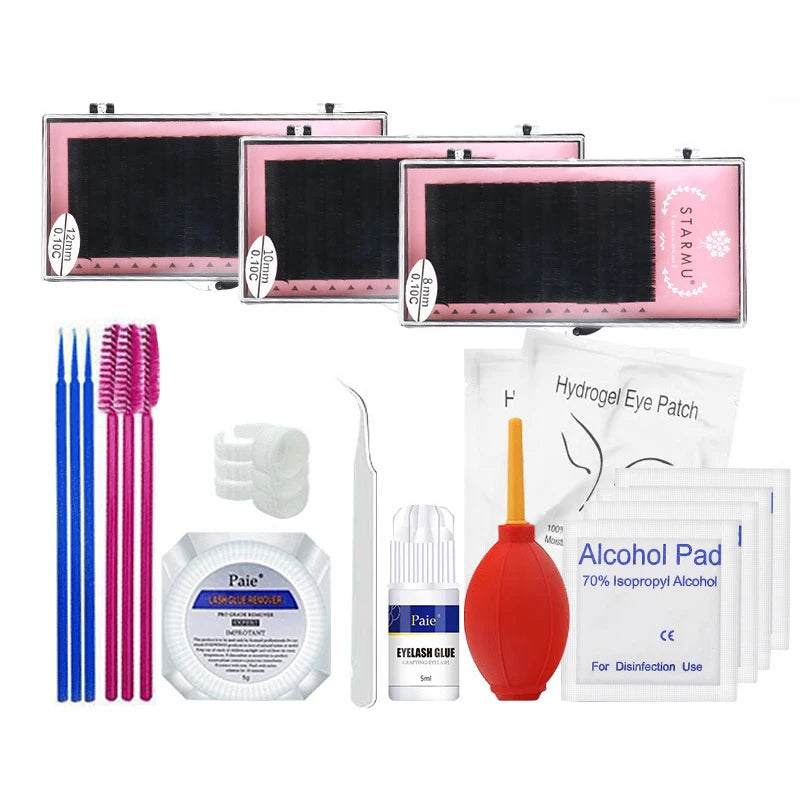 False Eyelash Extension Kit Set for Beginner Lash Brush Tweezers Glue Ring Eye Pad Eyelash Extension Supplies Lash Accessories