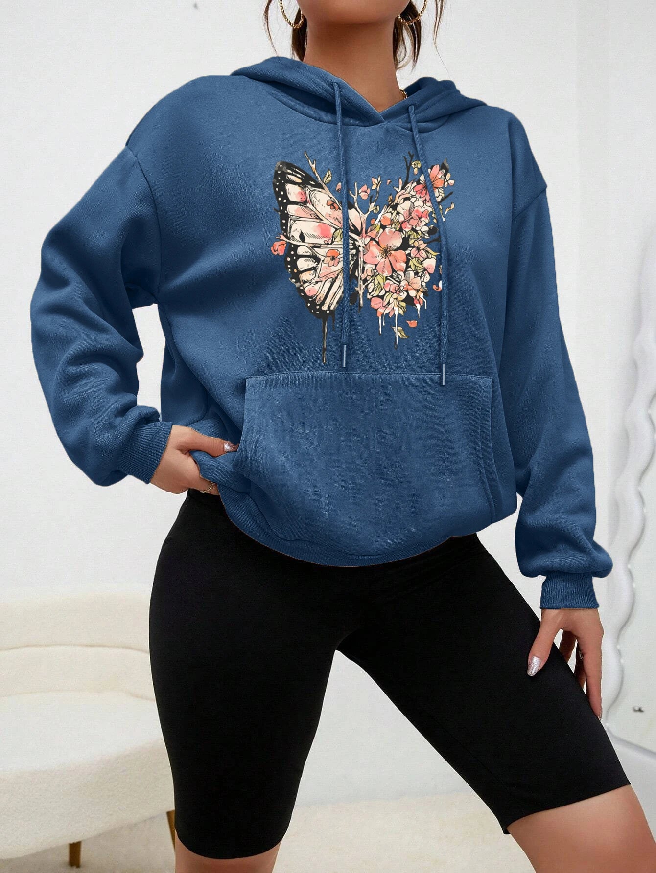 Half Butterfly Other Flower Prints Hoody Women Personality Cartoons Hoodie Fashion Fleece Pullovers Hip Hop Warm Clothes  Female