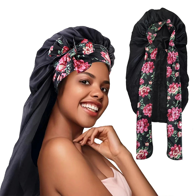 Women long Oversized Elastic Satin Bonnet Sleeping Cap With Ribbon Breathable Sleeping Cap Turban Sleep Headwear Bandanas