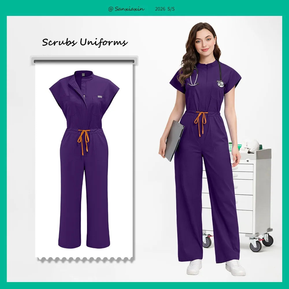 Slim Fitting Elasticity Scrubs Workwear Operating Room Medical Uniforms Nurse Scrubs Jumpsuit Women Solid Color Surgery Clothing