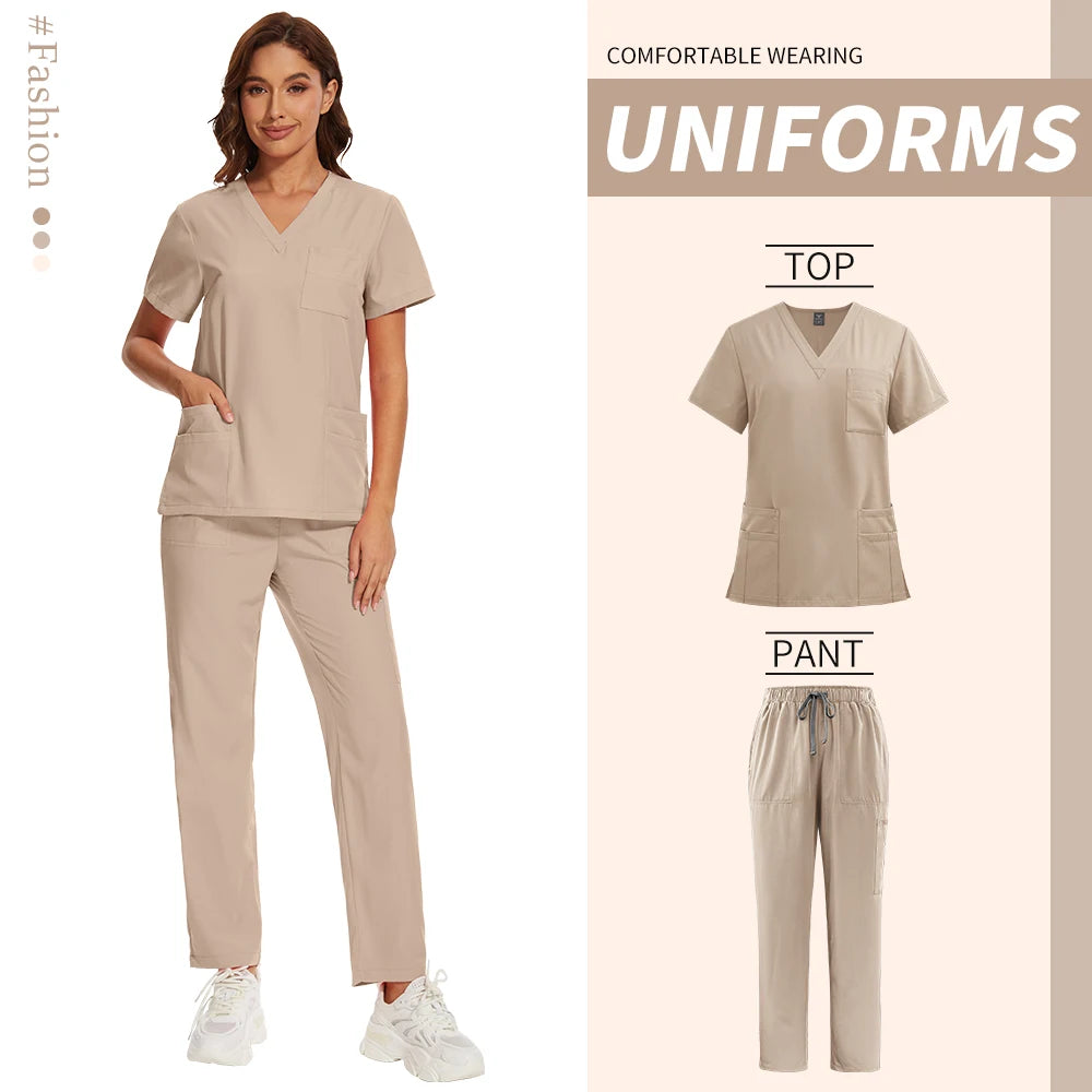 Nursing Operating Room Clothes Medical Scrubs Uniform Women Nurse Scrub Set Pocket Top+Pants 2 Piece Suit