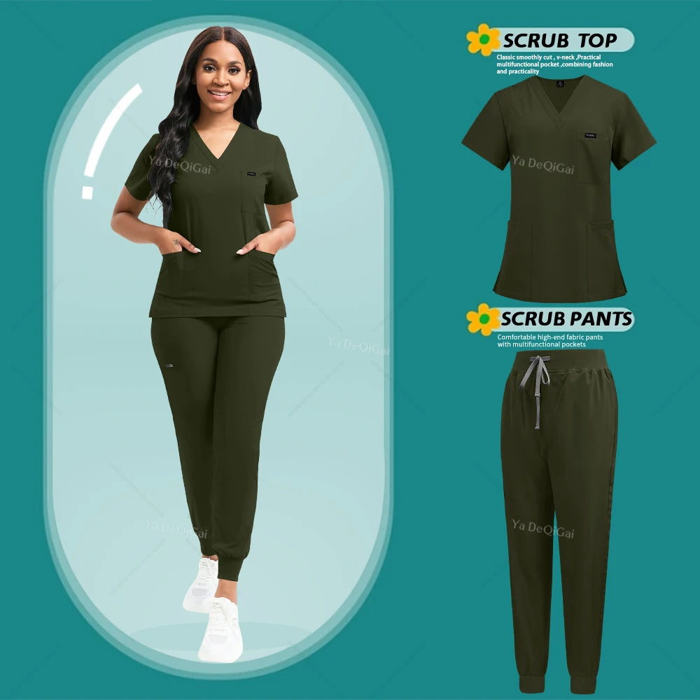 Brown Scrubs Set Wholesale Operating Room Uniforms Medical Scrubs Set Hospital Workwear Dental Beautician Top Pants Surgery Suit