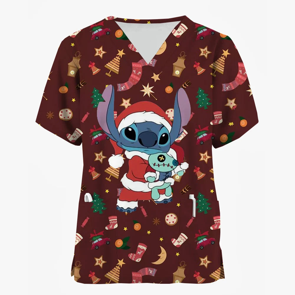 2024 Disney Uniform Women's Cartoon Stitch Print Nurse Work Shirt Pocket Gown Christmas Healthcare Nurse Scrubs