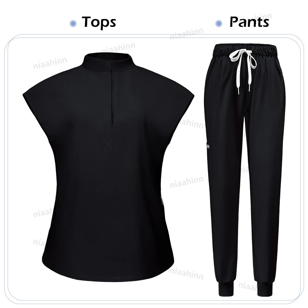 Niaahinn Scrubs Hot Sales Jogger Scrub Sets Women Solid Color Breathable Work Clothes Lab Coat Uniform Hospital Doctor Work Wear