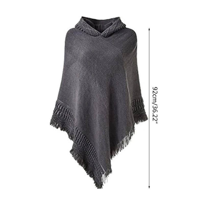 Women Winter Warm Knitted Hooded Poncho Cape Solid Color Crochet Fringed Tassel Shawl Wrap Oversized Pullover Cloak Sweater Top