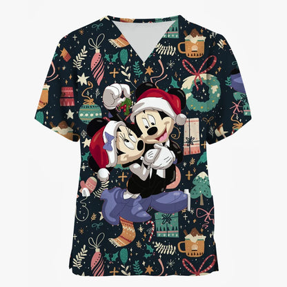 2024 Disney Uniform Women's Cartoon Stitch Print Nurse Work Shirt Pocket Gown Christmas Healthcare Nurse Scrubs
