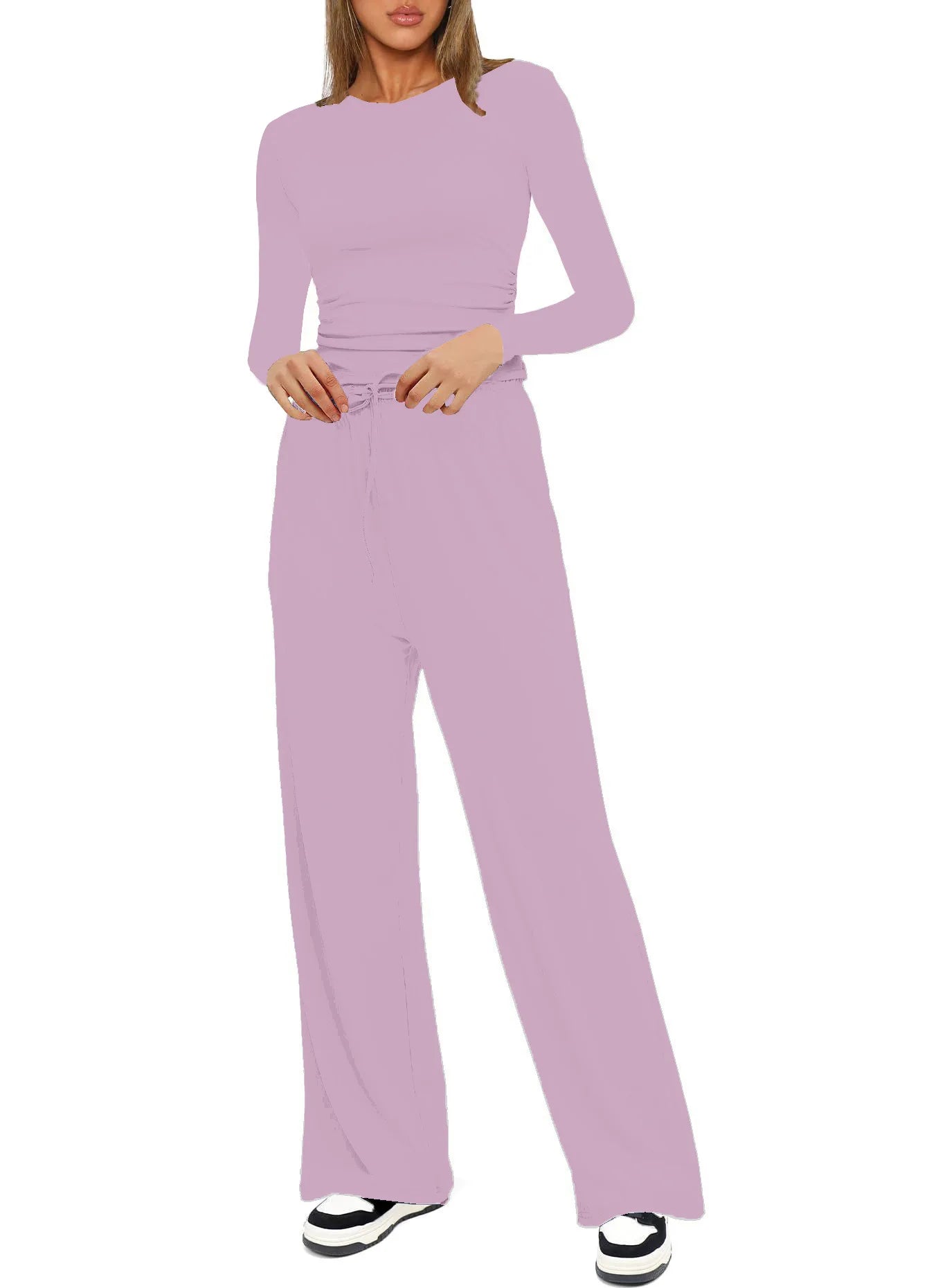 Autumn Winter Trend Fashion Women's Two Pieces Set Solid Casual O Neck Long Sleeve T-shirts & High Waist Wide Leg Pants Sets