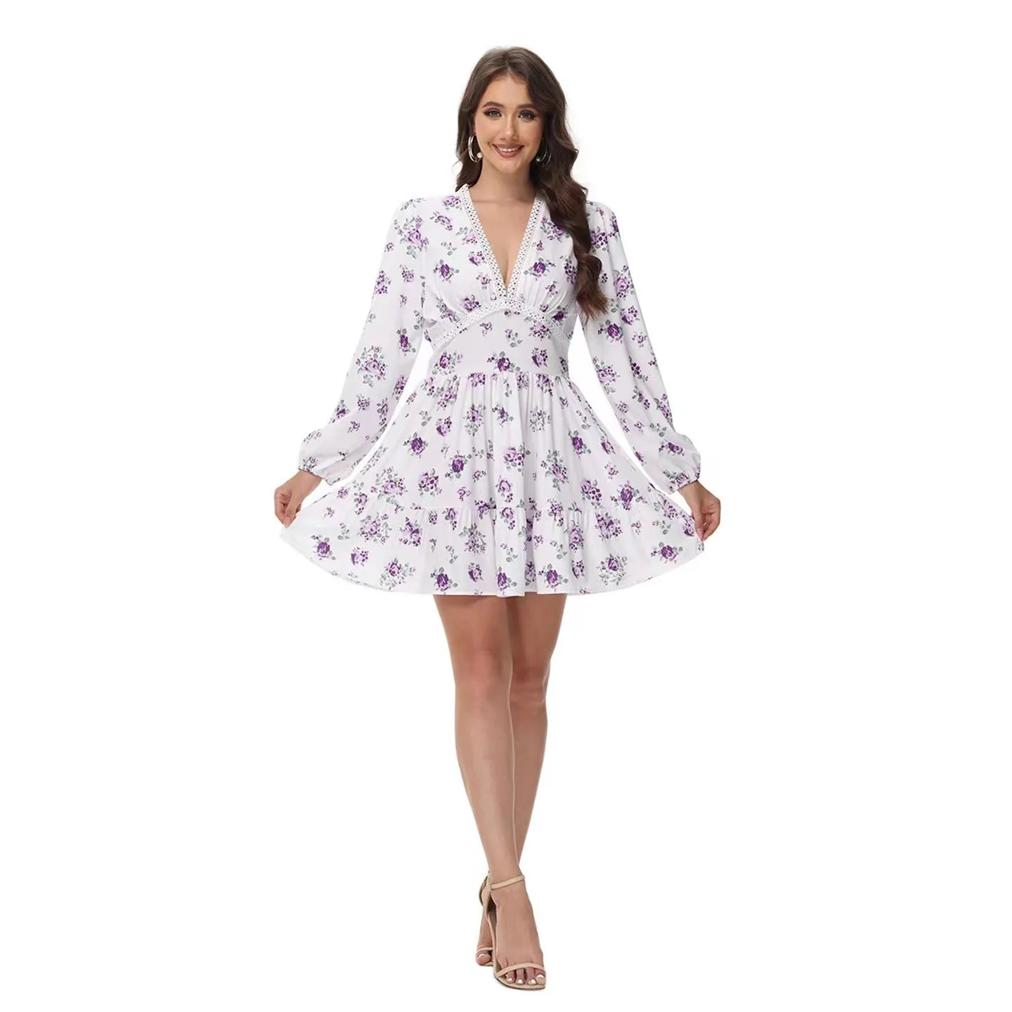 2025 New Women Summer Mini Dress Long Sleeve Flower Print Boho Dress Sexy V-Neck High Waist A-Line Dress Vestidos Clothes