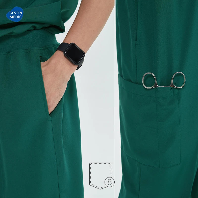 Green Hospital Work Uniforms Short-sleeved Doctor Outfit Clinical Scrub Set for Women Men Nurse V-neck Top Jogger Pant Scrub S21