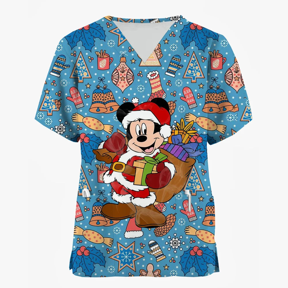 2024 Disney Uniform Women's Cartoon Stitch Print Nurse Work Shirt Pocket Gown Christmas Healthcare Nurse Scrubs