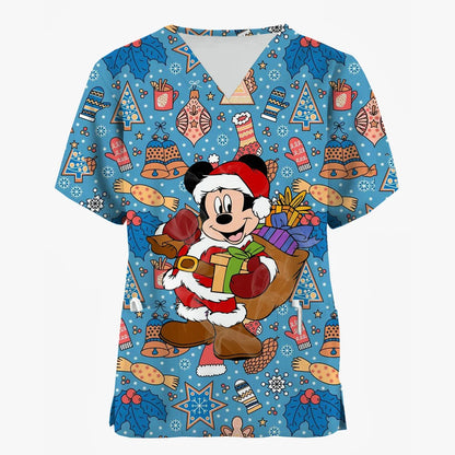 2024 Disney Uniform Women's Cartoon Stitch Print Nurse Work Shirt Pocket Gown Christmas Healthcare Nurse Scrubs