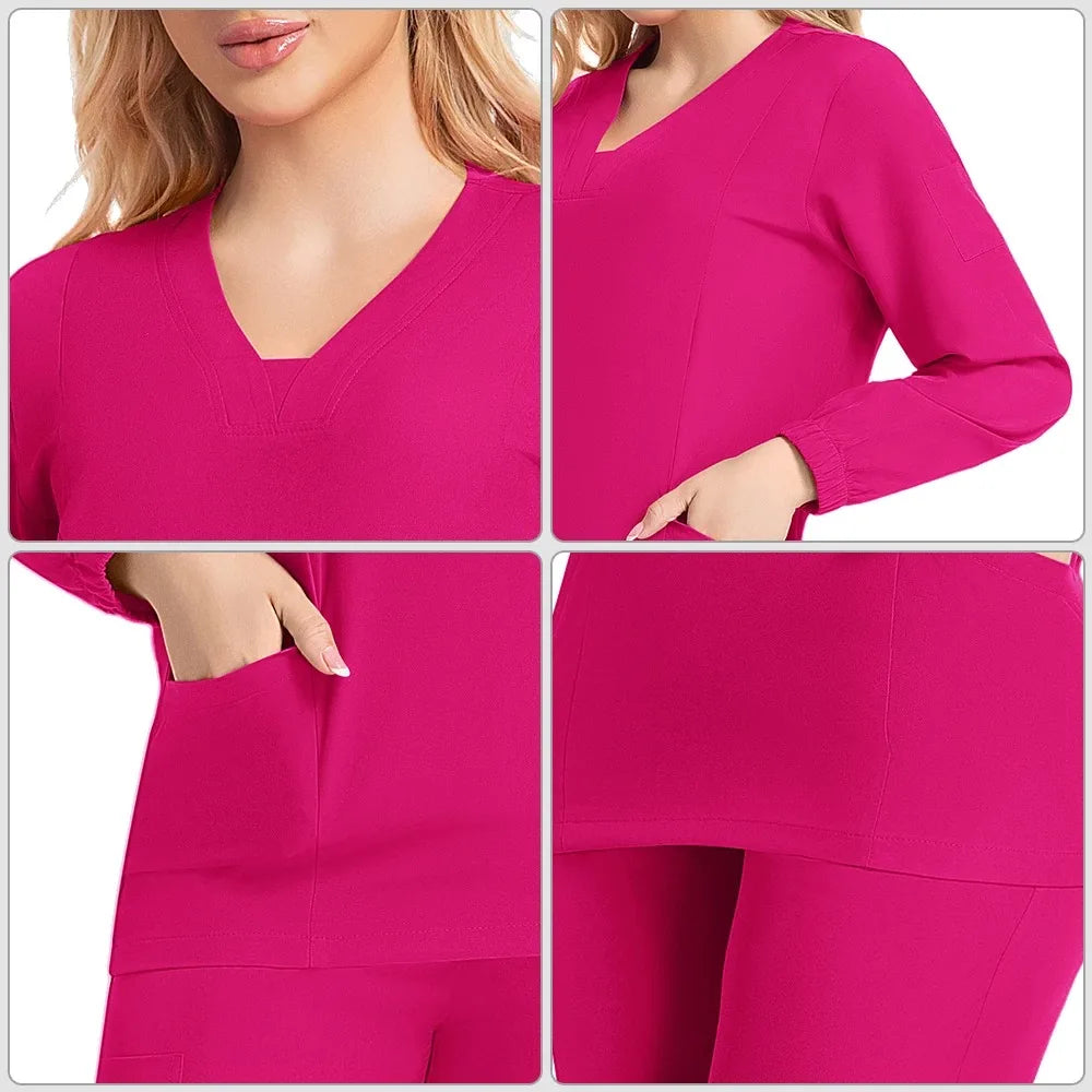 Long sleeves Scrubs Medical Scrub Soft Breathable Jogger Pants Set Surgical Uniforms Woman NursingClinical Doctor Workwear