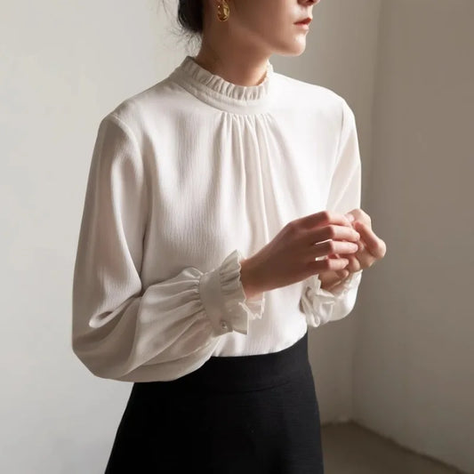 Ruffles Elegant Women Blouses Woman White Shirt Long Sleeve Shirts Office Lady Business Commuter  Solid Women Work Tops French
