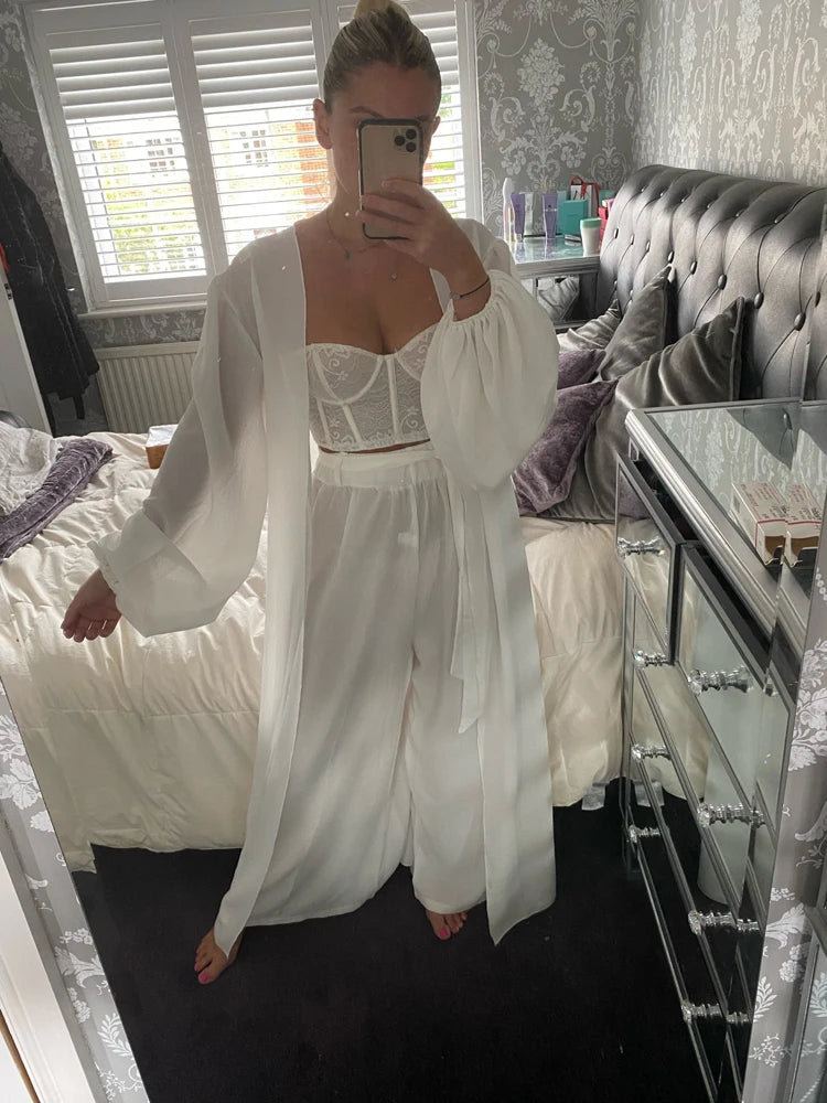 Women 3 Piece Sets Homewear Fashion Casual Lantern Sleeve Cardigan Tops+Wide Leg Pants Suits Lady Spring Soft Three Piece Outfit