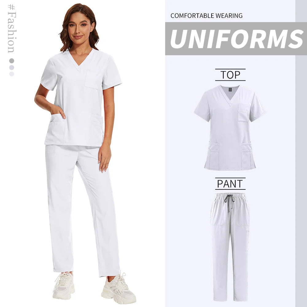 Nursing Operating Room Clothes Medical Scrubs Uniform Women Nurse Scrub Set Pocket Top+Pants 2 Piece Suit
