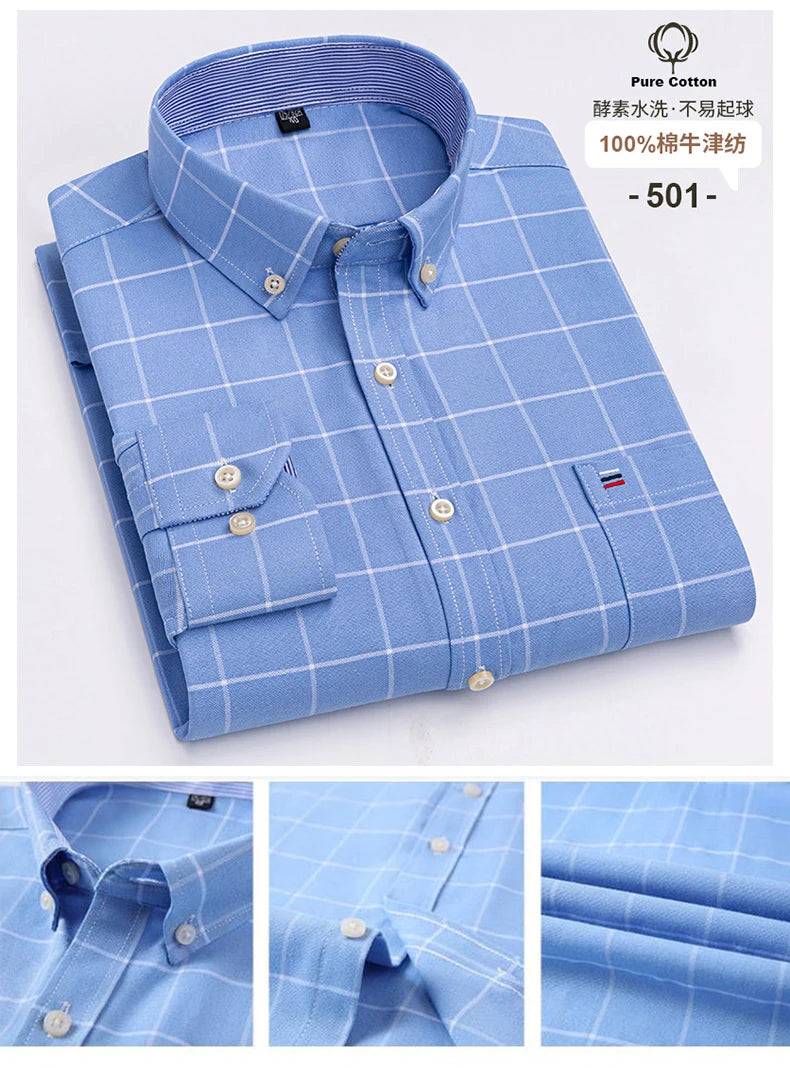 New S-7XLCotton Oxford Shirt For Mens Long Sleeve Plaid Striped Casual Shirts Male Pocket Regular-Fit Button-Down Work Man Shirt