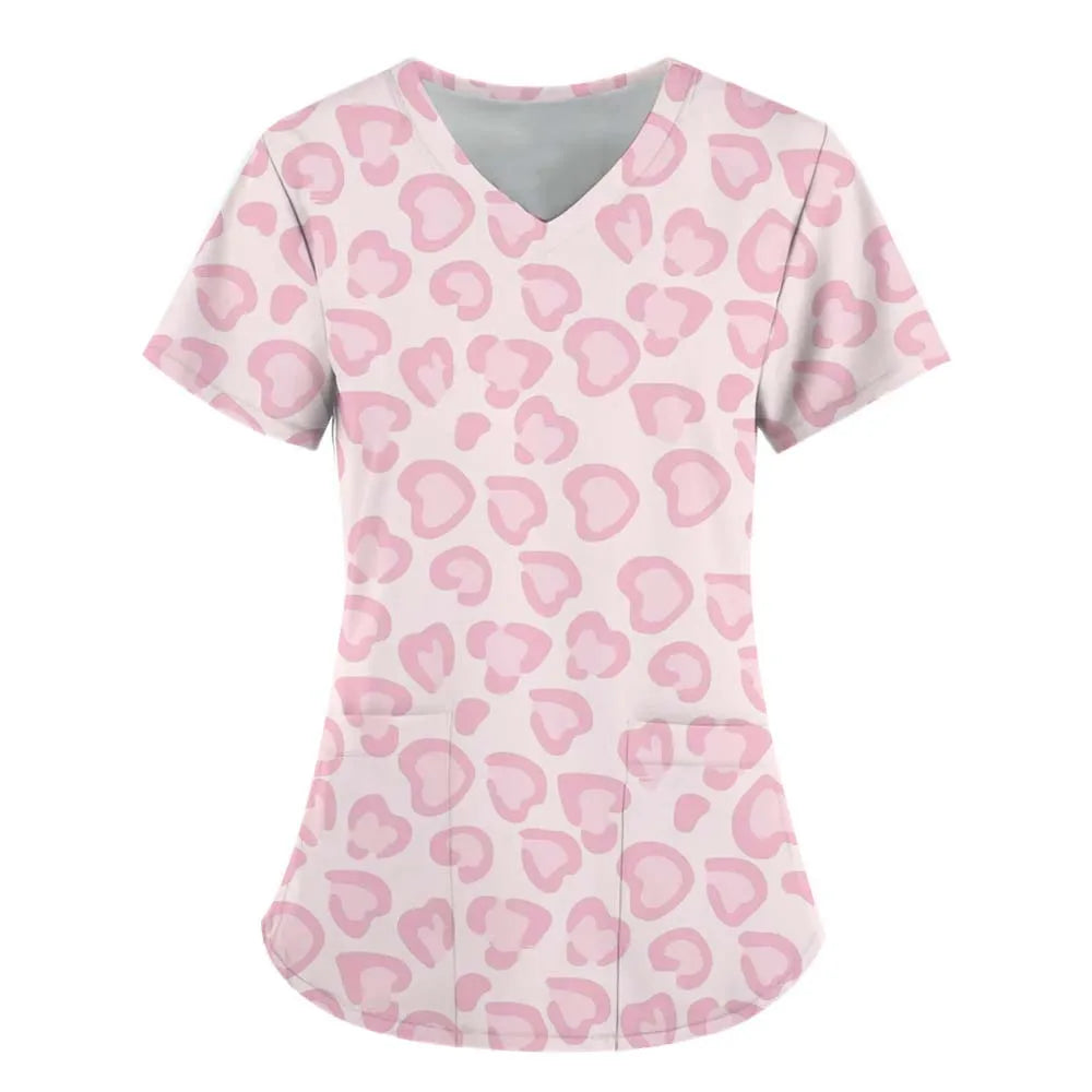 Heart Print V-Neck Stretchy Medical Uniform for Women Casual Short Sleeve Patched Pockets Tops Scrubs Medical Uniforms Woman