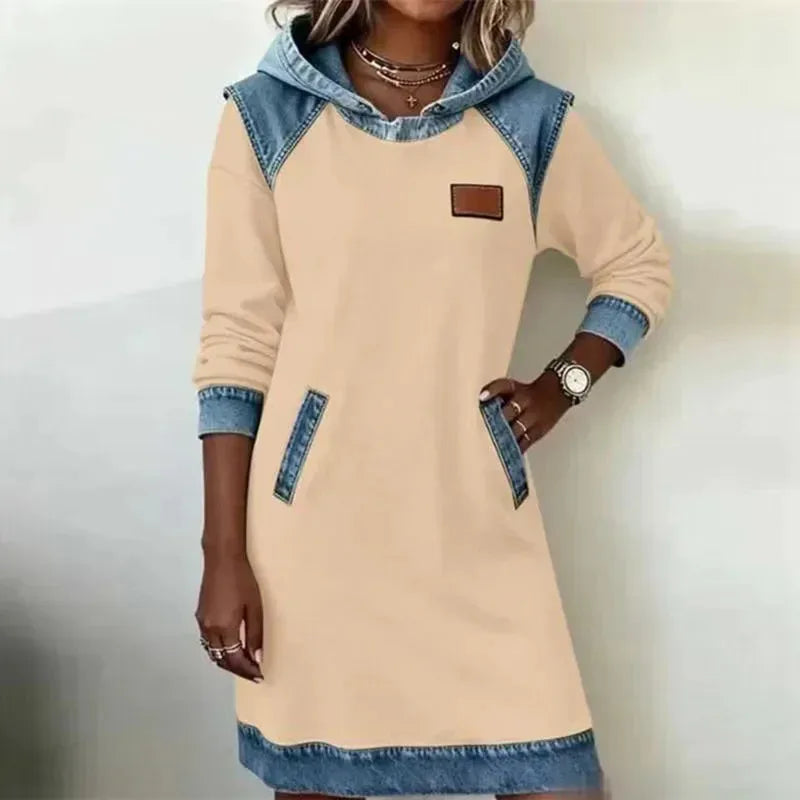 Winter Hoodies Sweatshirt Dress Autumn Pullover Denim Contrast Patchwork Hoodeder Dress Woman Casual Long Sleeve Pocket Dress