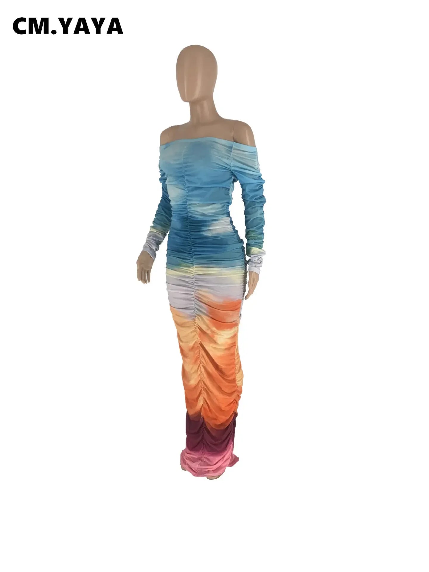 CM.YAYA Women Gradient Tie Dye Printed Off Shoulder Long Sleeve Maxi Long Midi Bodycon Ruched Dress 2023 Sexy Party Club Dresses