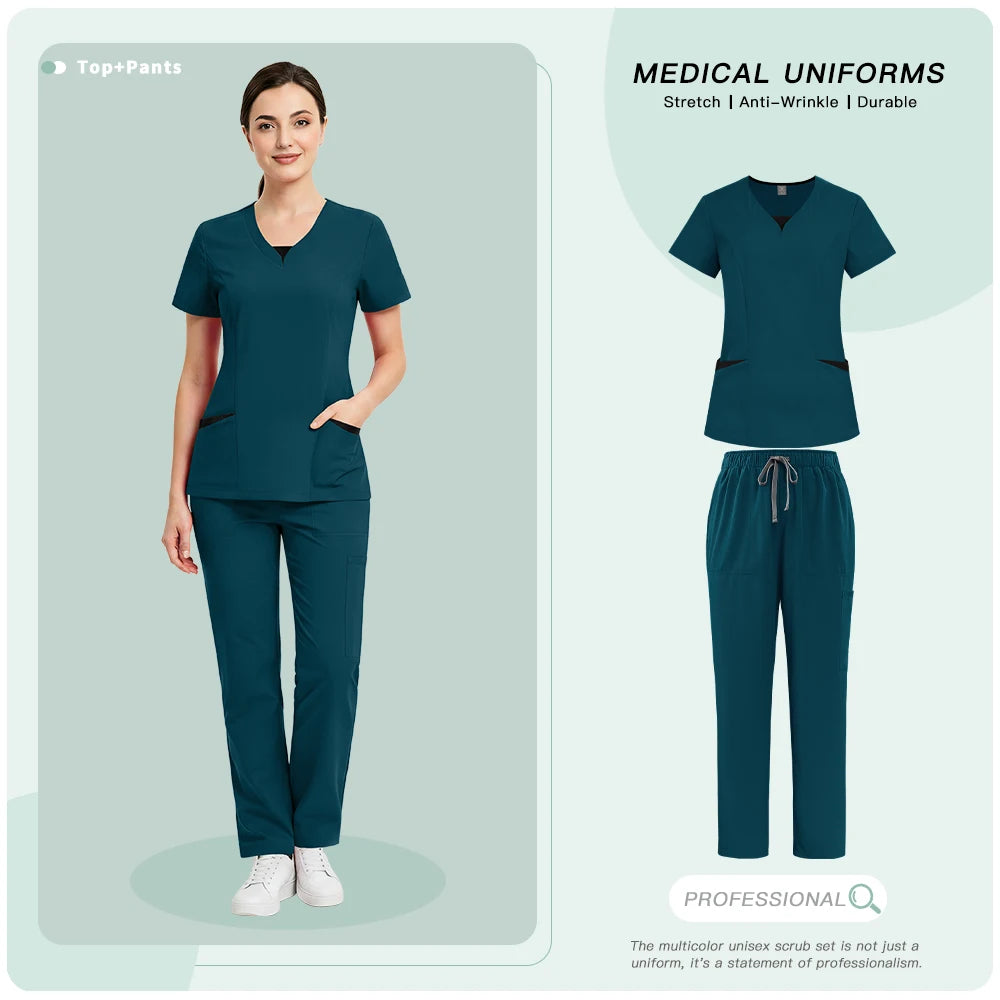 Medical Uniforms for V-neck Hospital Nurse Scrubs Set Women Doctor Workwear Oral Dental Surgery Work Top+Pants New Beauty Suit