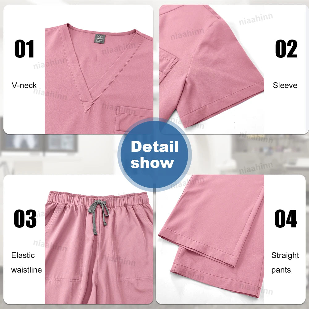 Elastic Scrub Set Operating Room Surgical Uniform Dental Veterinary Work Uniforms V-neck Short Sleeved Tops Pants Suit Wholesale