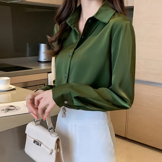 Satin Shirt Women 2023 OL Fashion Long Sleeve Blouse Woman Casual Shirts White Shirt Womens Tops Solid Basic Shirts and Blouses