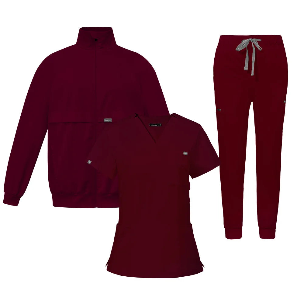 Elastic V-neck nurse hand washing suit three piece set, short sleeved pants and jacket, comfortable surgical suit set