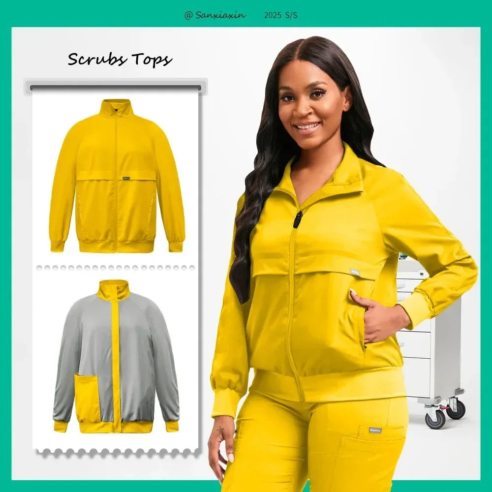 Long Sleeved Medical Scrub Jacket Pharmacy Uniform Women Solid Nurse Hospital Scrub Coat Surgical Uniforms Beauty Salon Workwear