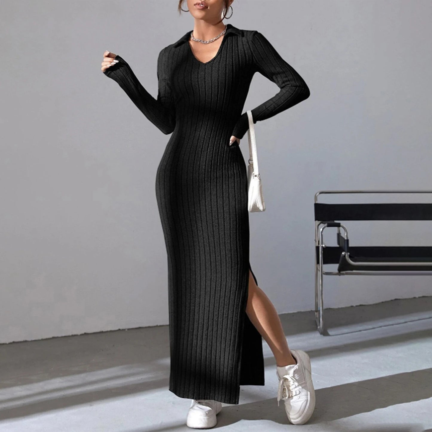 Women's Fall Winter Knitted Dress Long Sleeve Lapel Collar Solid Color Bodycon Long Dress Going Out Dress
