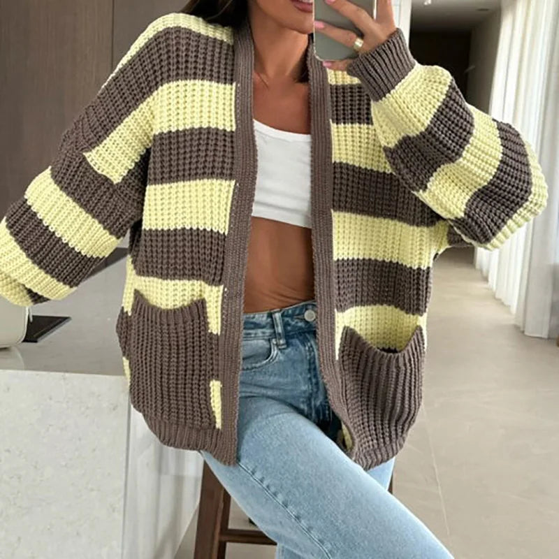 Autumn Winter Warm Knitted Sweater for Women Fashion Contrast Color Loose Top Cardigan Casual Long Sleeve Pocket Jumper Harajuku