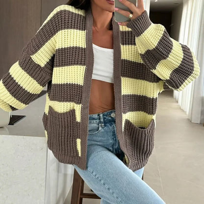 Autumn Winter Warm Knitted Sweater for Women Fashion Contrast Color Loose Top Cardigan Casual Long Sleeve Pocket Jumper Harajuku